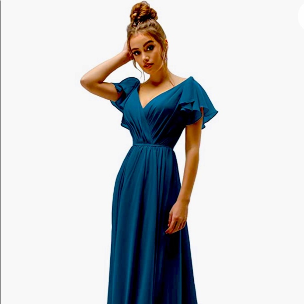 Dark Teal bridesmaid/semi formal dress. Floor length, Flutter sleeve, chiffon.